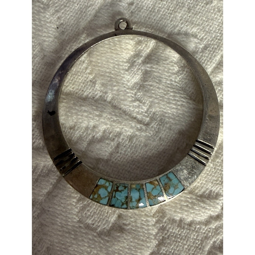 Teme Handcrafts 925 Sterling Silver Turquoise Inlay Circle Pendant 3S Signed